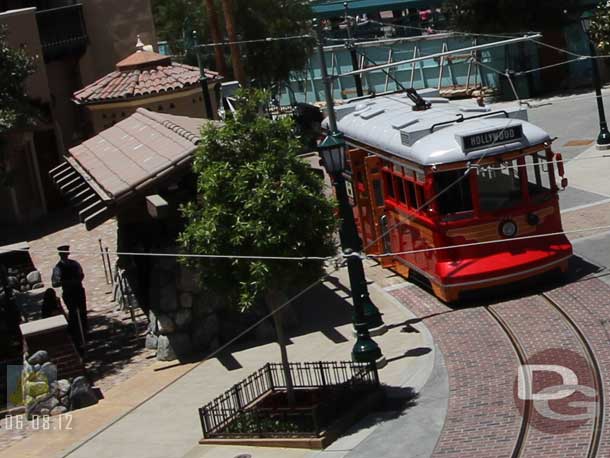 06.08.12 - A Red Car Trolley at the stop near the entrance for the CM preview event.